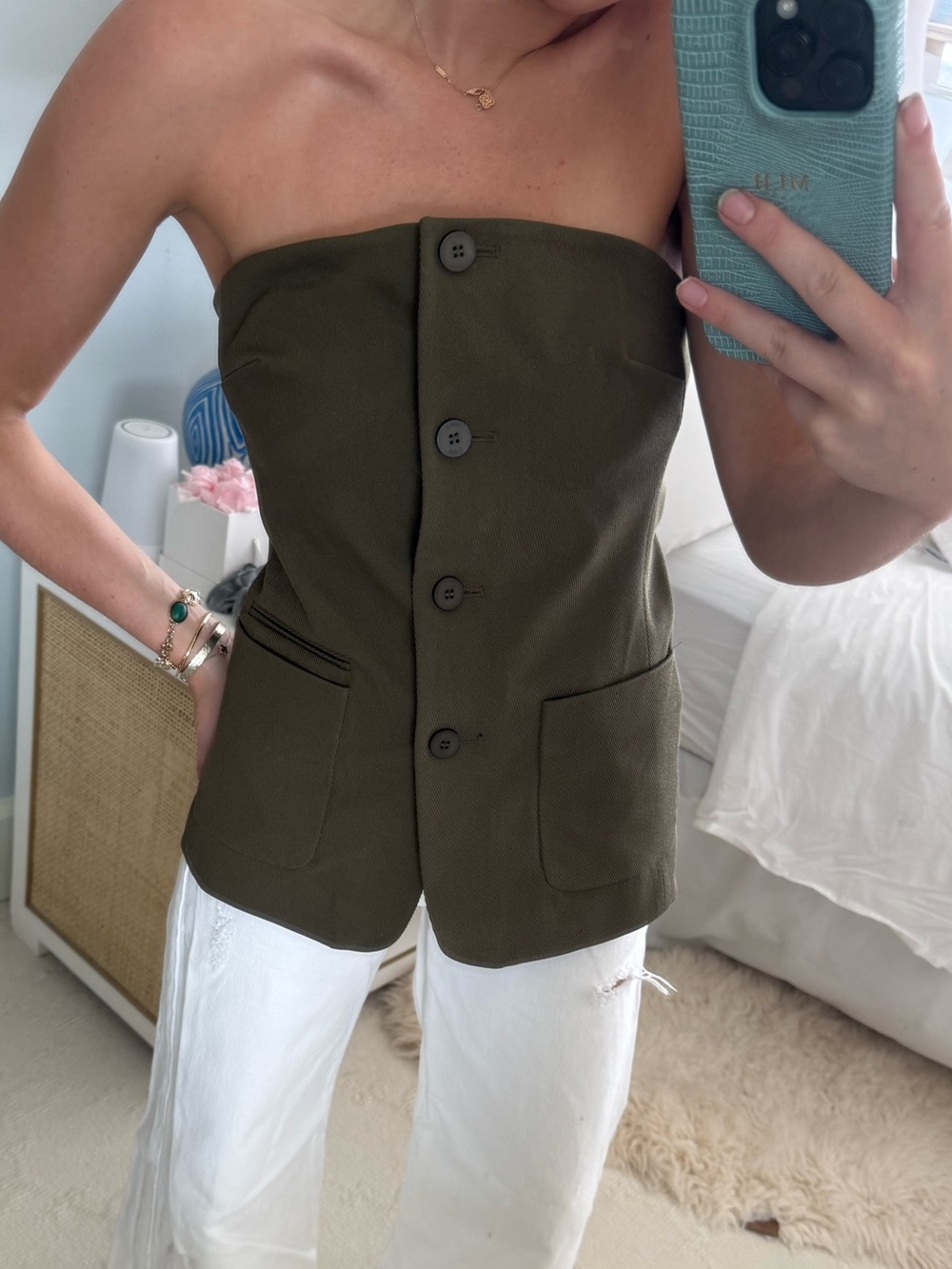 Olive Strapless Button-Front Top